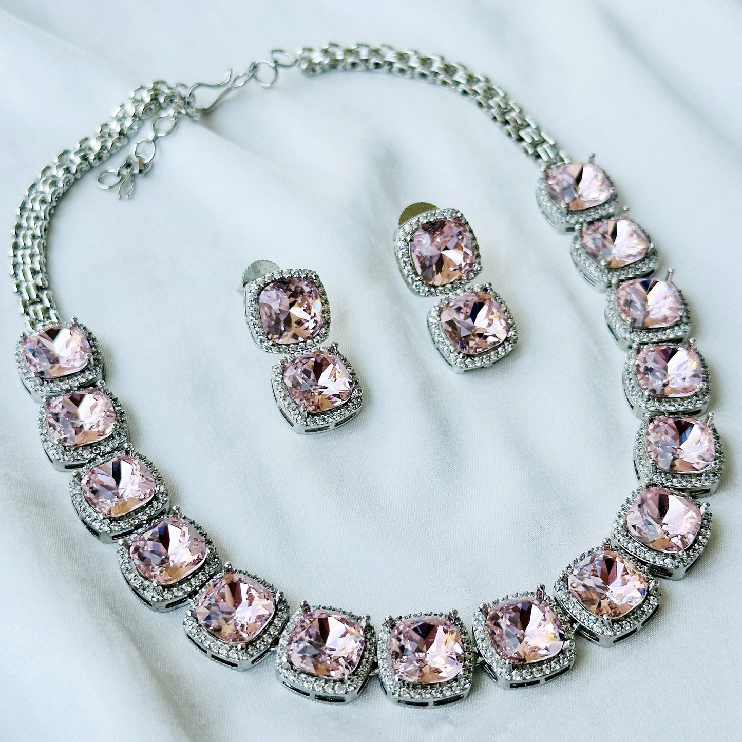 Lt Pink Topaz Swarovski Crystal American Diamond Silver Plated Necklace Set