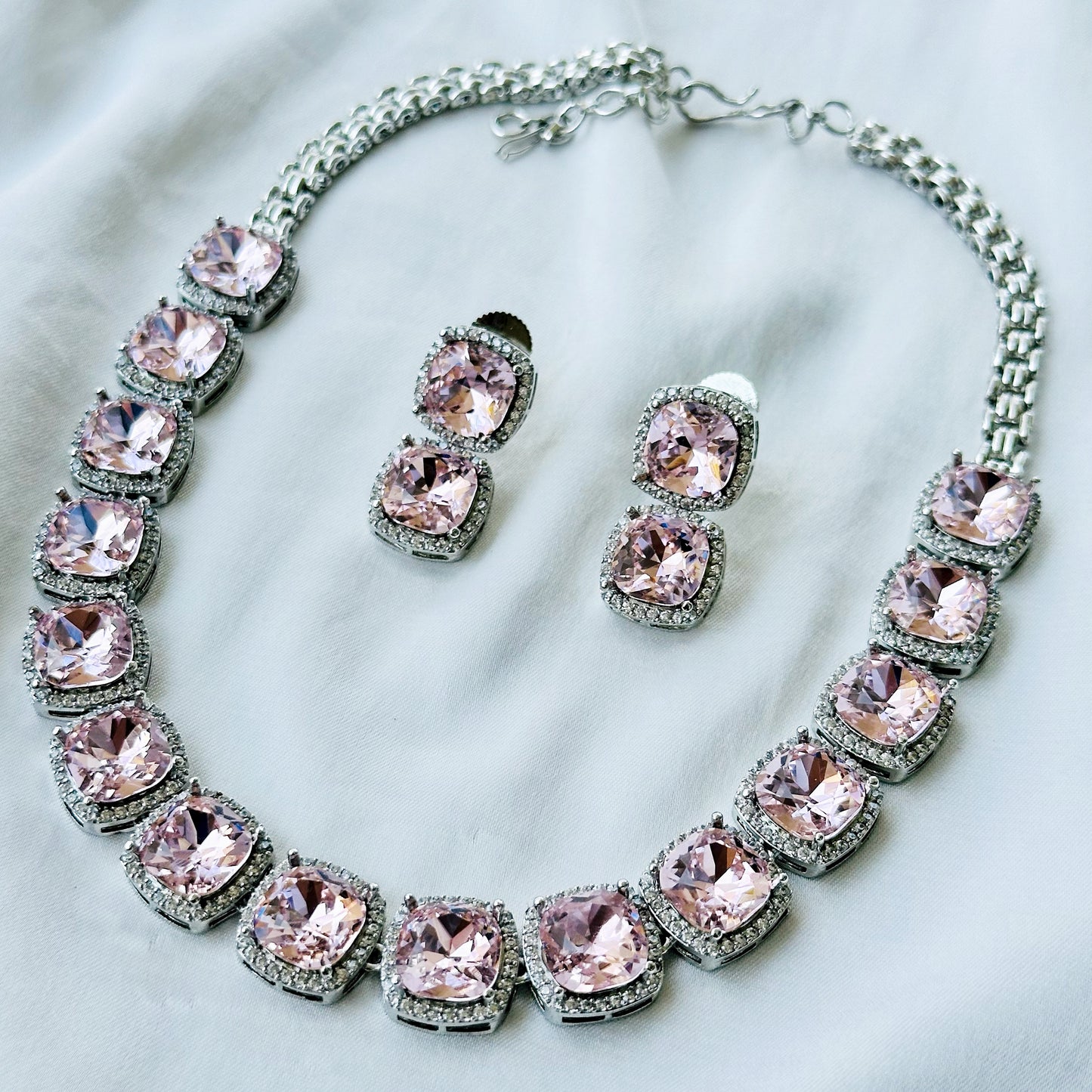 Lt Pink Topaz Swarovski Crystal American Diamond Silver Plated Necklace Set