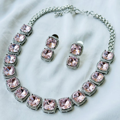 Lt Pink Topaz Swarovski Crystal American Diamond Silver Plated Necklace Set