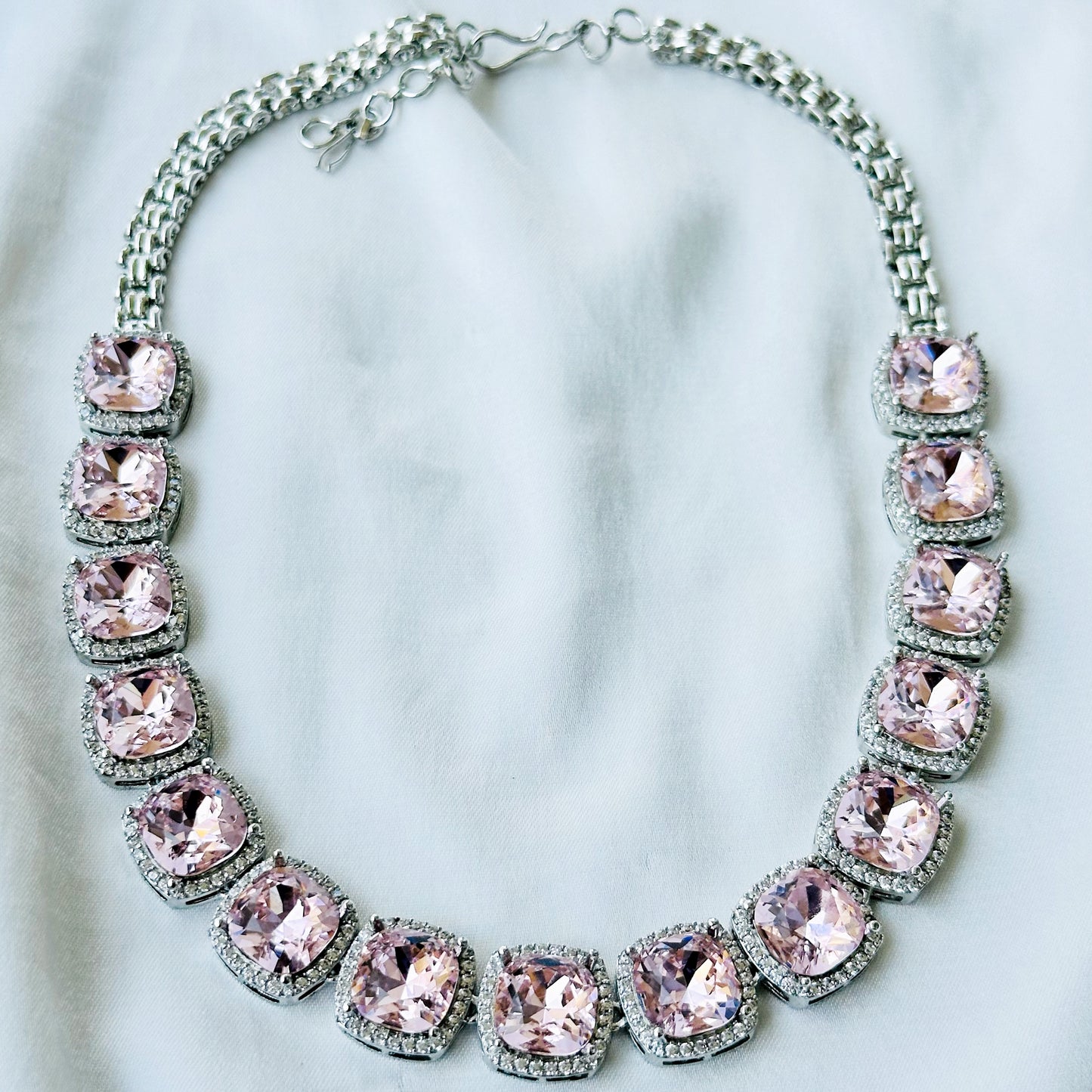 Lt Pink Topaz Swarovski Crystal American Diamond Silver Plated Necklace Set