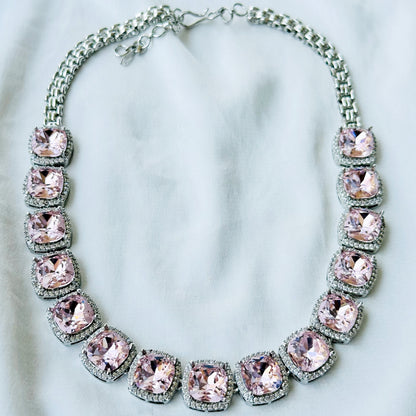 Lt Pink Topaz Swarovski Crystal American Diamond Silver Plated Necklace Set