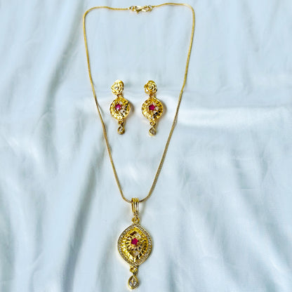 Floral Drop Design American Diamond 1 Micron Gold Plated Pendant Set