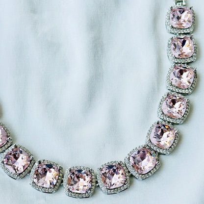 Lt Pink Topaz Swarovski Crystal American Diamond Silver Plated Necklace Set