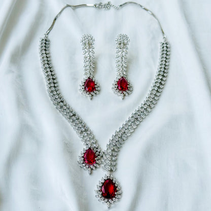 Red Ruby Cubic Zircon American Diamond Silver Plated Necklace Set