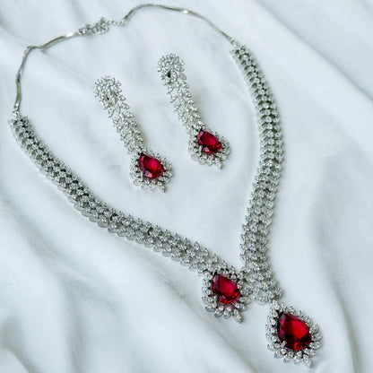 Red Ruby Cubic Zircon American Diamond Silver Plated Necklace Set