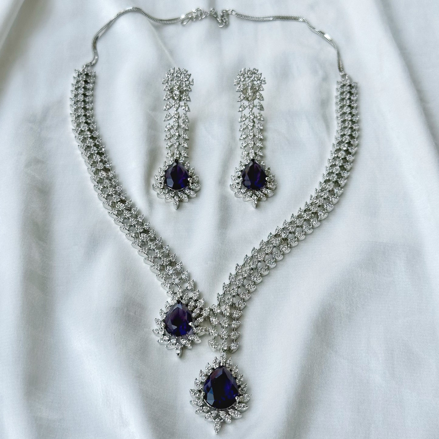 Deep Purple Amethyst Cubic Zircon American Diamond Silver Plated Necklace Set