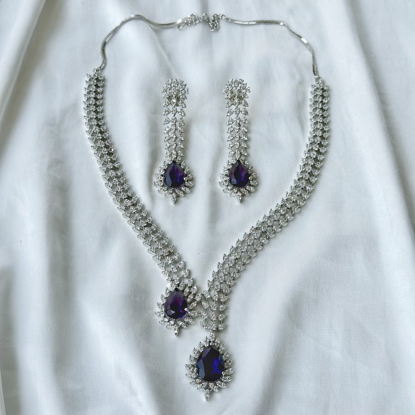 Deep Purple Amethyst Cubic Zircon American Diamond Silver Plated Necklace Set