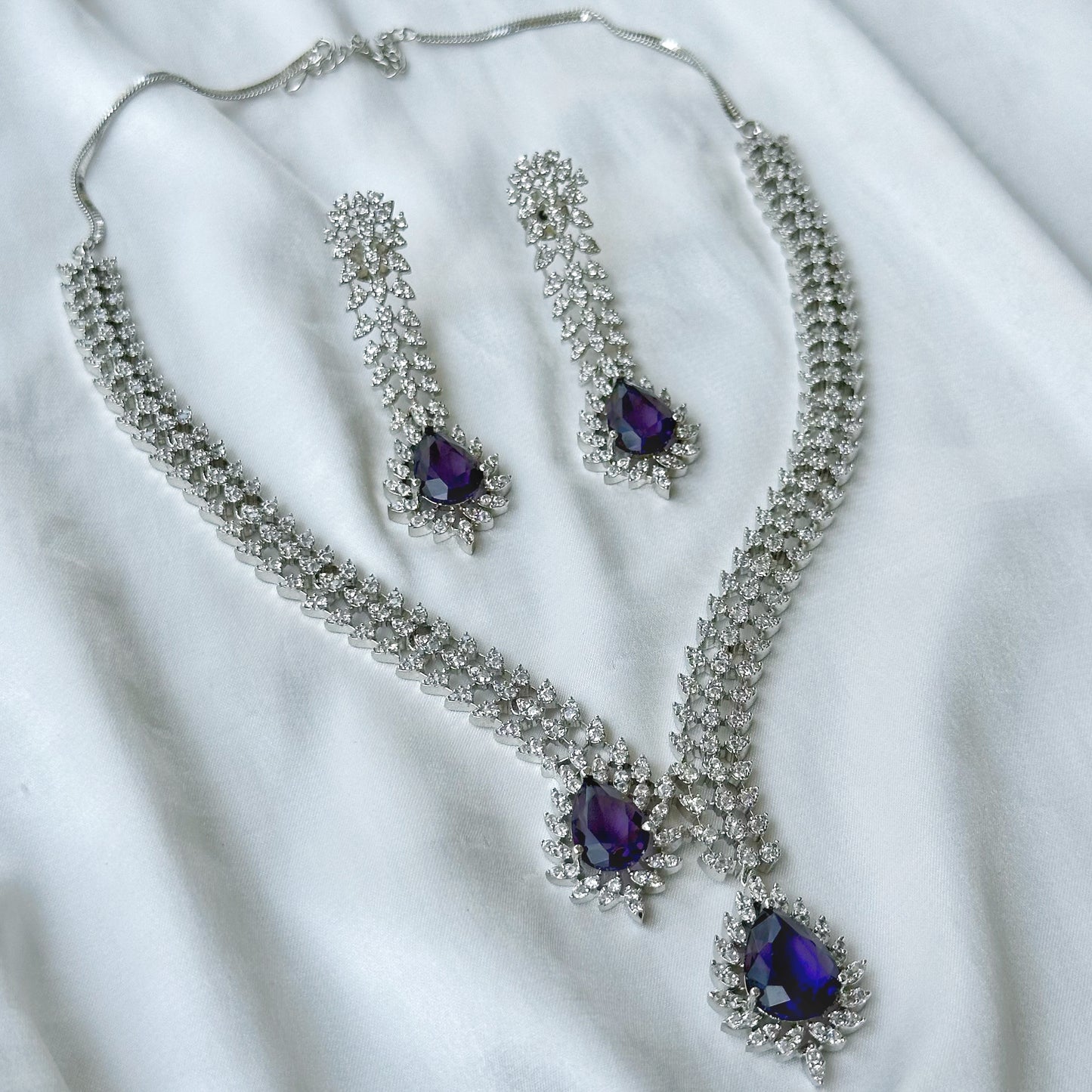 Deep Purple Amethyst Cubic Zircon American Diamond Silver Plated Necklace Set