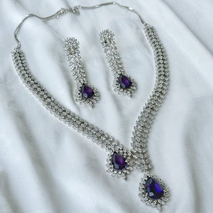 Deep Purple Amethyst Cubic Zircon American Diamond Silver Plated Necklace Set
