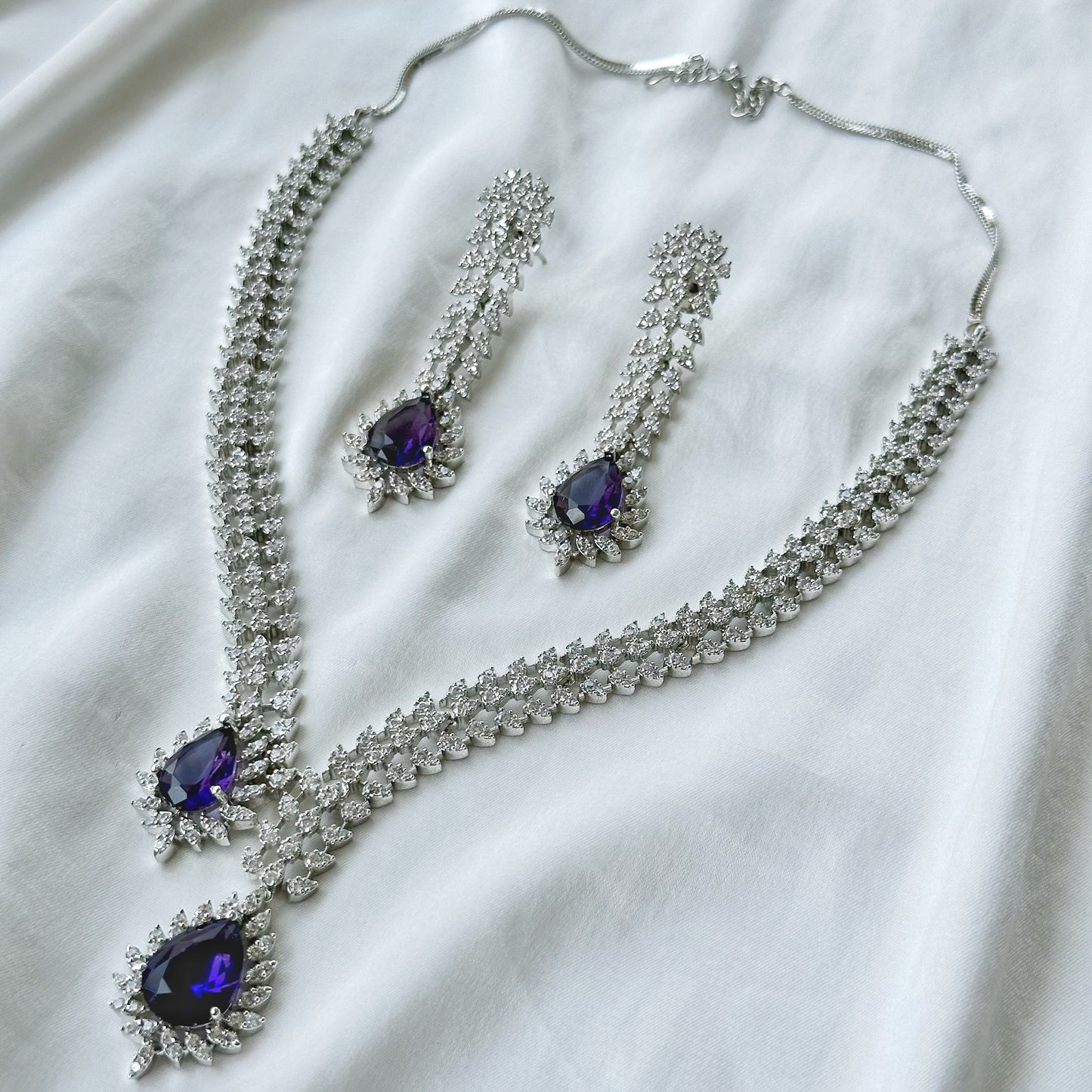 Deep Purple Amethyst Cubic Zircon American Diamond Silver Plated Necklace Set