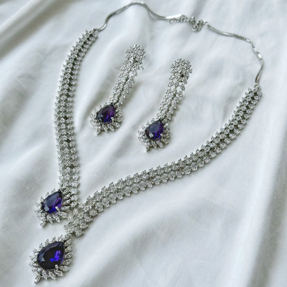 Deep Purple Amethyst Cubic Zircon American Diamond Silver Plated Necklace Set
