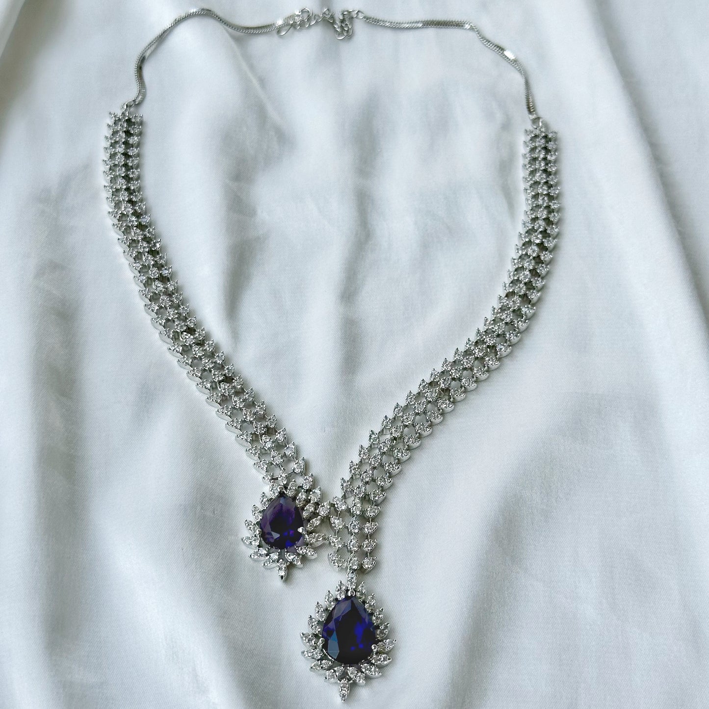 Deep Purple Amethyst Cubic Zircon American Diamond Silver Plated Necklace Set