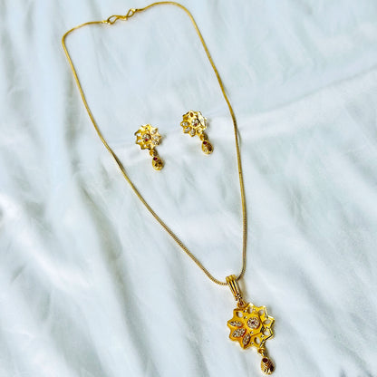 Floral Design American Diamond 1 Micron Gold Plated Pendant Set