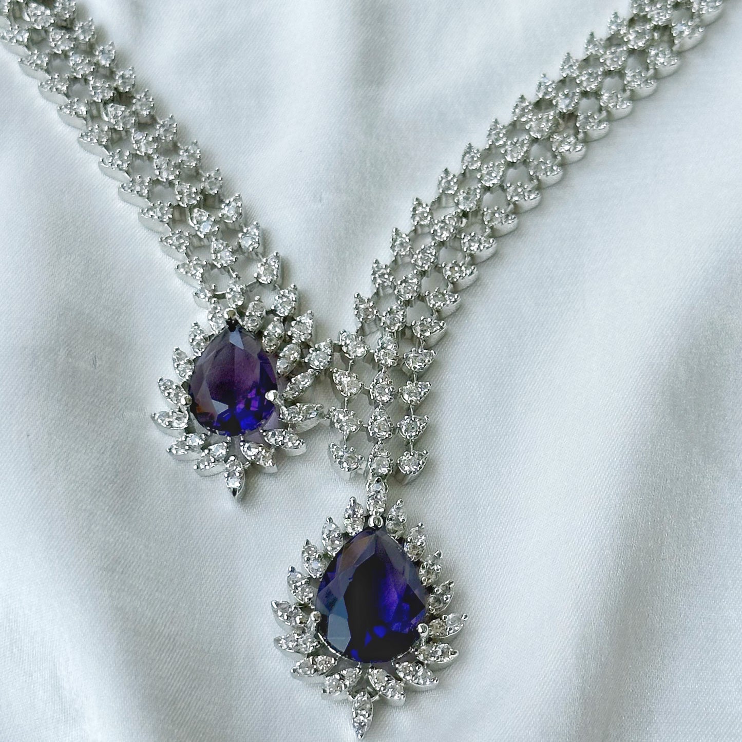 Deep Purple Amethyst Cubic Zircon American Diamond Silver Plated Necklace Set