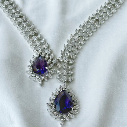 Deep Purple Amethyst Cubic Zircon American Diamond Silver Plated Necklace Set