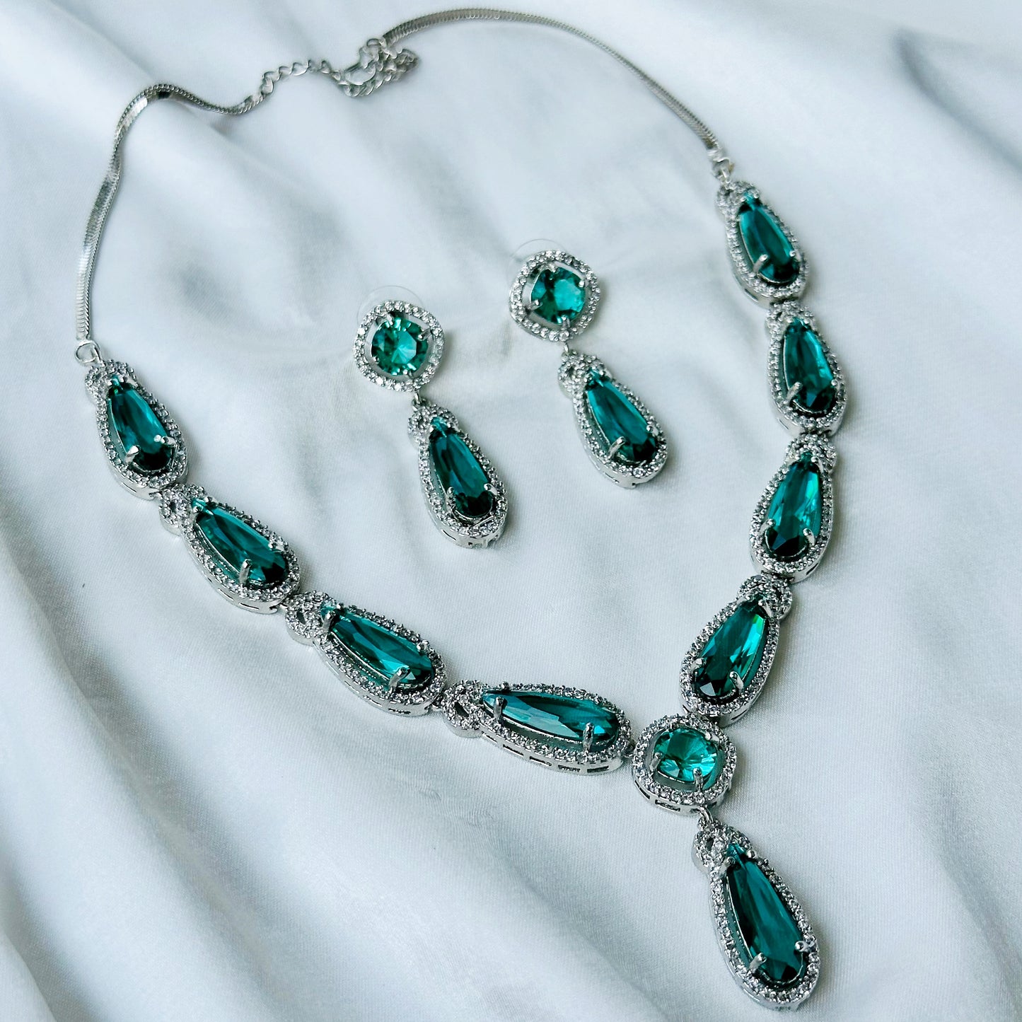 Sea Green Topaz Cubic Zircon Stone American Diamond Silver Plated Necklace Set