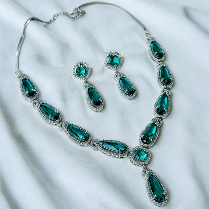 Sea Green Topaz Cubic Zircon Stone American Diamond Silver Plated Necklace Set