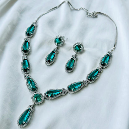 Sea Green Topaz Cubic Zircon Stone American Diamond Silver Plated Necklace Set
