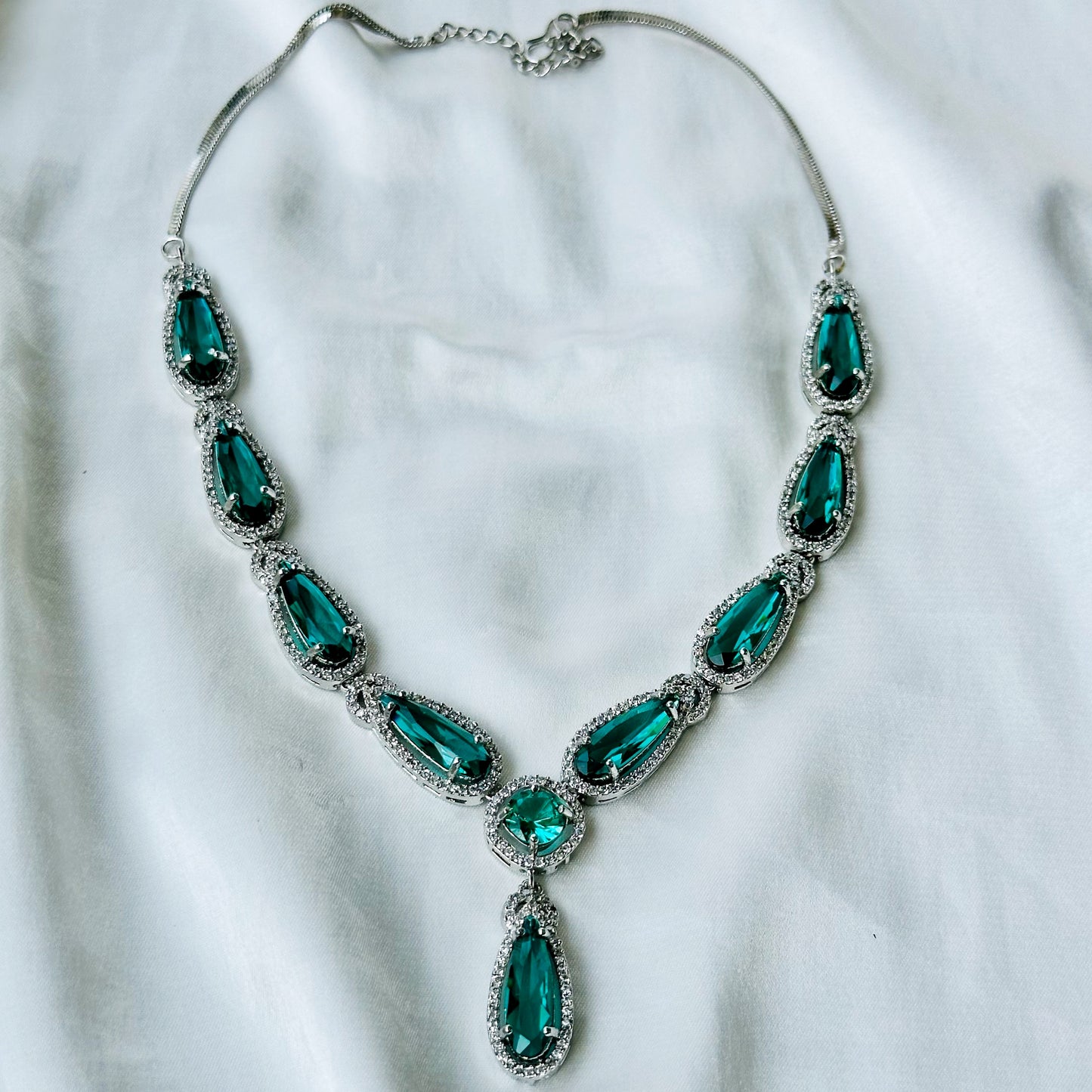 Sea Green Topaz Cubic Zircon Stone American Diamond Silver Plated Necklace Set