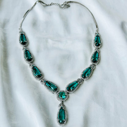 Sea Green Topaz Cubic Zircon Stone American Diamond Silver Plated Necklace Set