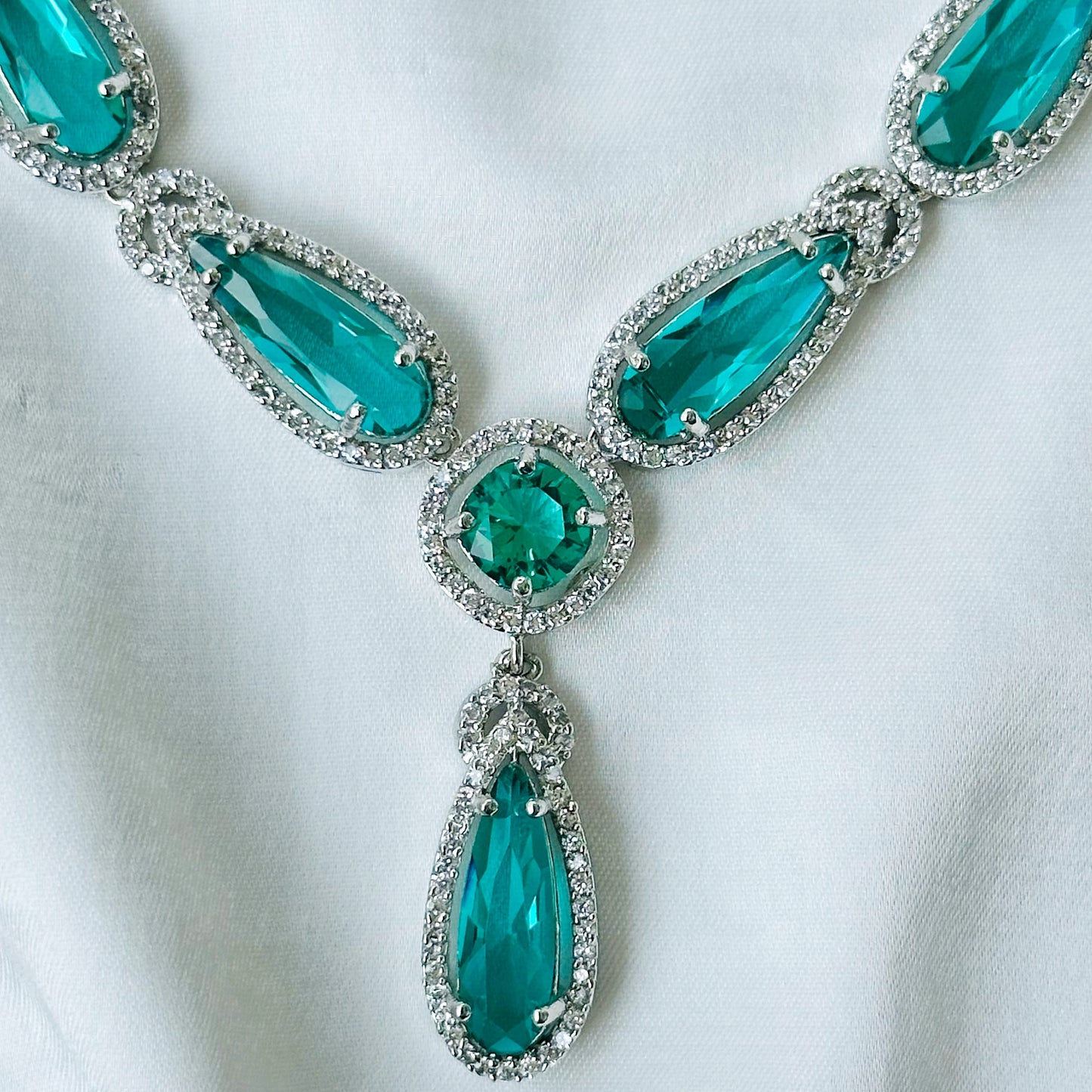 Sea Green Topaz Cubic Zircon Stone American Diamond Silver Plated Necklace Set