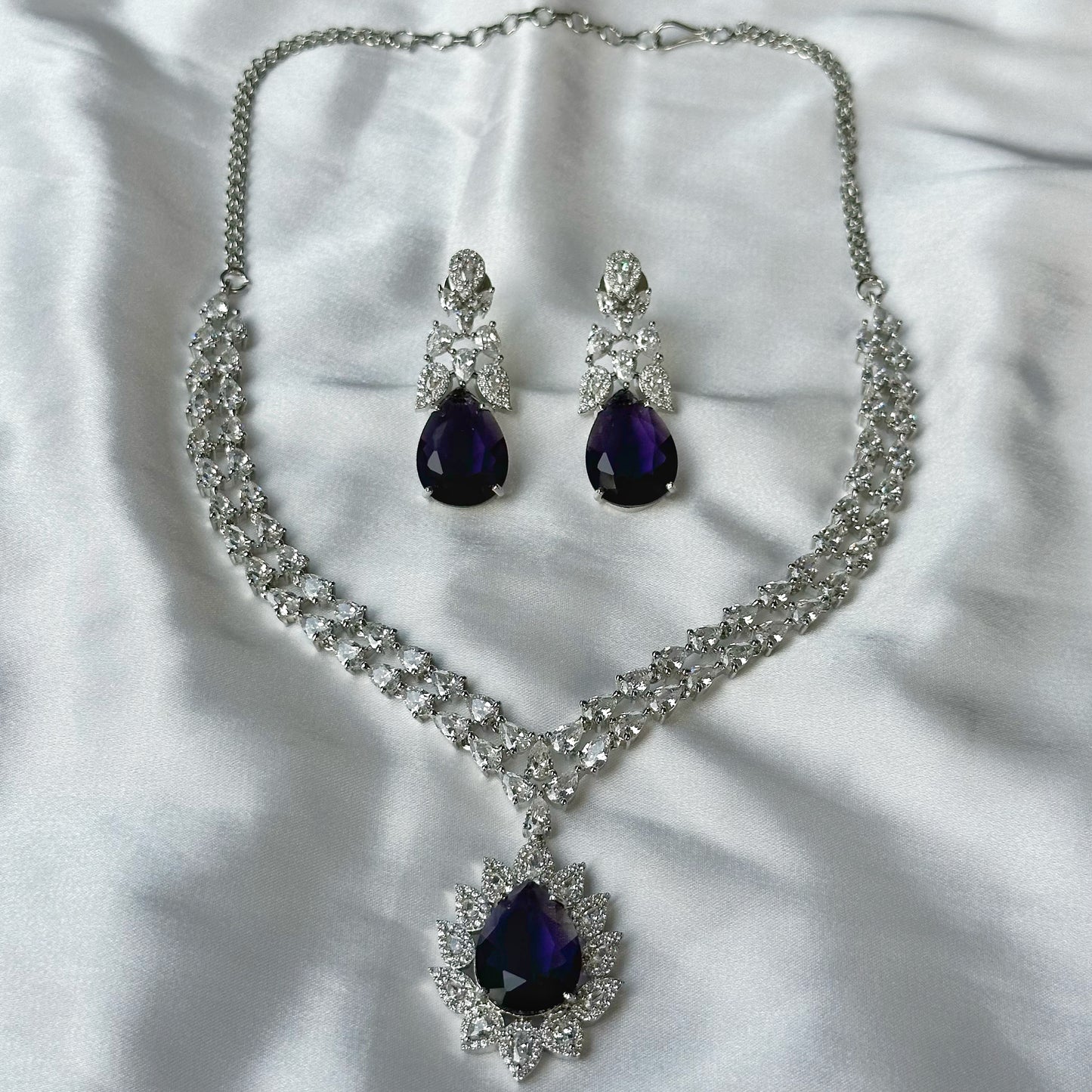 Deep Purple Amethyst Cubic Zircon American Diamond Silver Plated Necklace Set