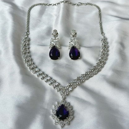 Deep Purple Amethyst Cubic Zircon American Diamond Silver Plated Necklace Set