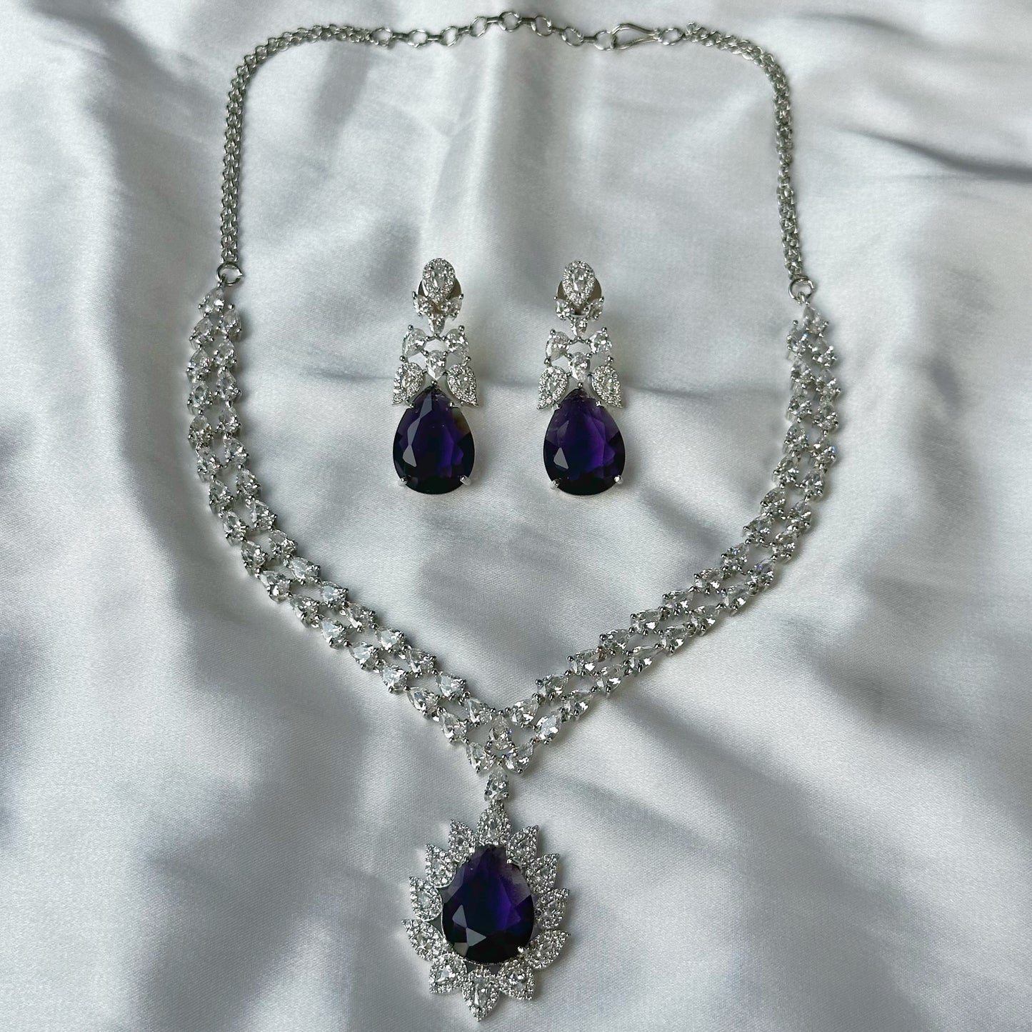 Deep Purple Amethyst Cubic Zircon American Diamond Silver Plated Necklace Set