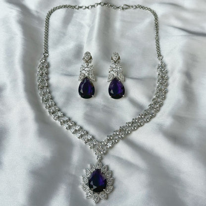Deep Purple Amethyst Cubic Zircon American Diamond Silver Plated Necklace Set