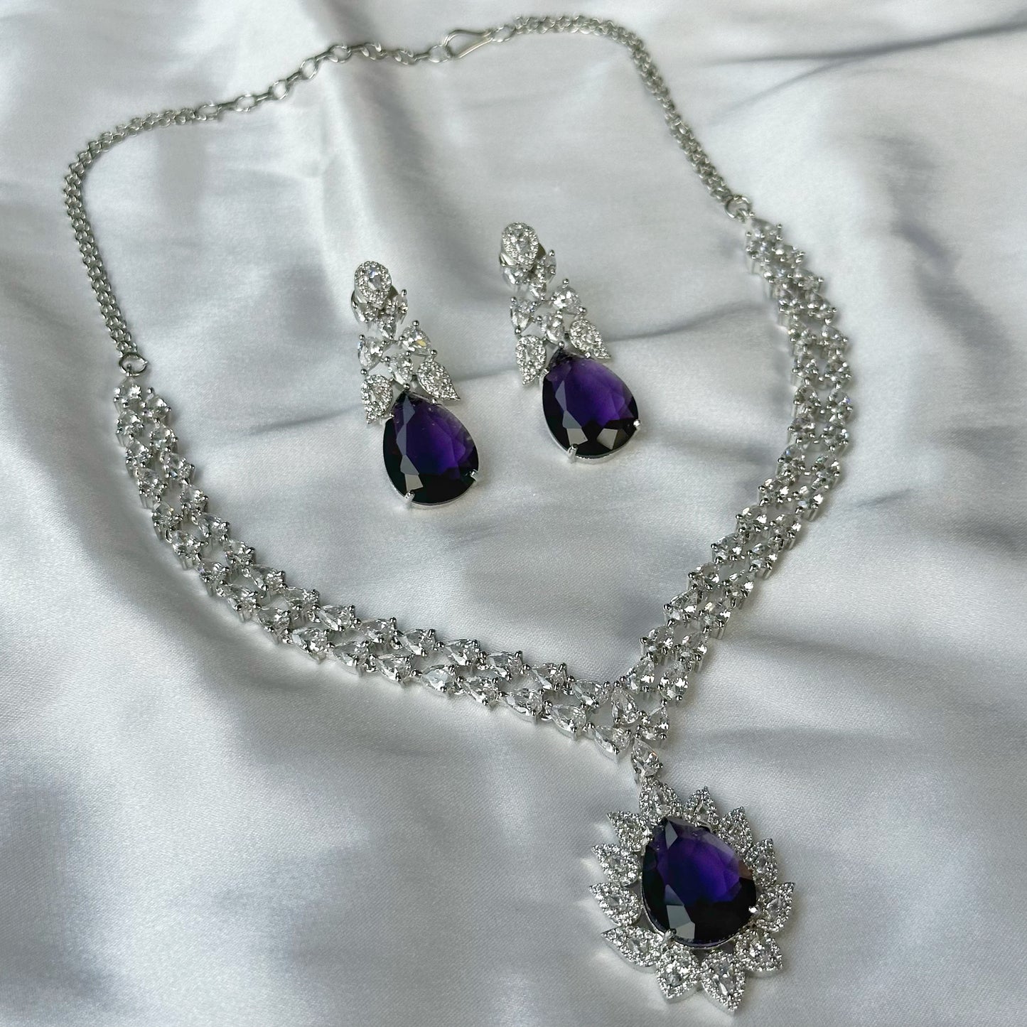 Deep Purple Amethyst Cubic Zircon American Diamond Silver Plated Necklace Set