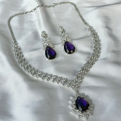 Deep Purple Amethyst Cubic Zircon American Diamond Silver Plated Necklace Set