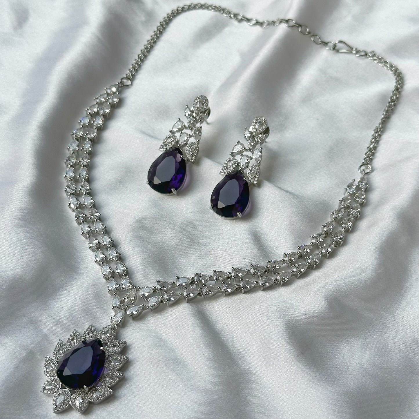 Deep Purple Amethyst Cubic Zircon American Diamond Silver Plated Necklace Set