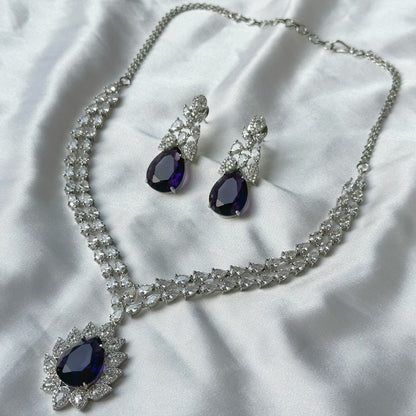 Deep Purple Amethyst Cubic Zircon American Diamond Silver Plated Necklace Set
