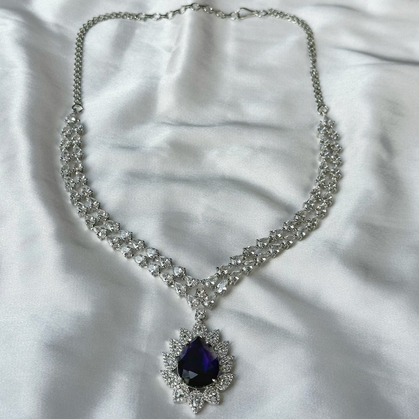 Deep Purple Amethyst Cubic Zircon American Diamond Silver Plated Necklace Set