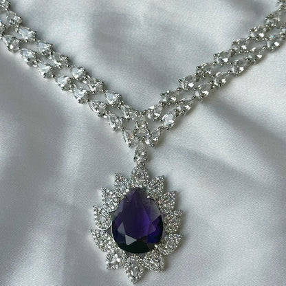 Deep Purple Amethyst Cubic Zircon American Diamond Silver Plated Necklace Set