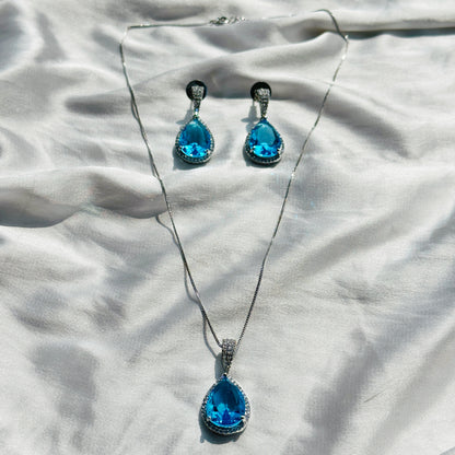 Aqua Blue Sapphire Cubic Zircon American Diamond Silver Plated Pendant Set