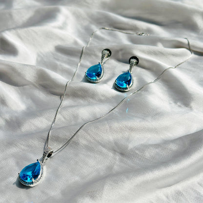 Aqua Blue Sapphire Cubic Zircon American Diamond Silver Plated Pendant Set