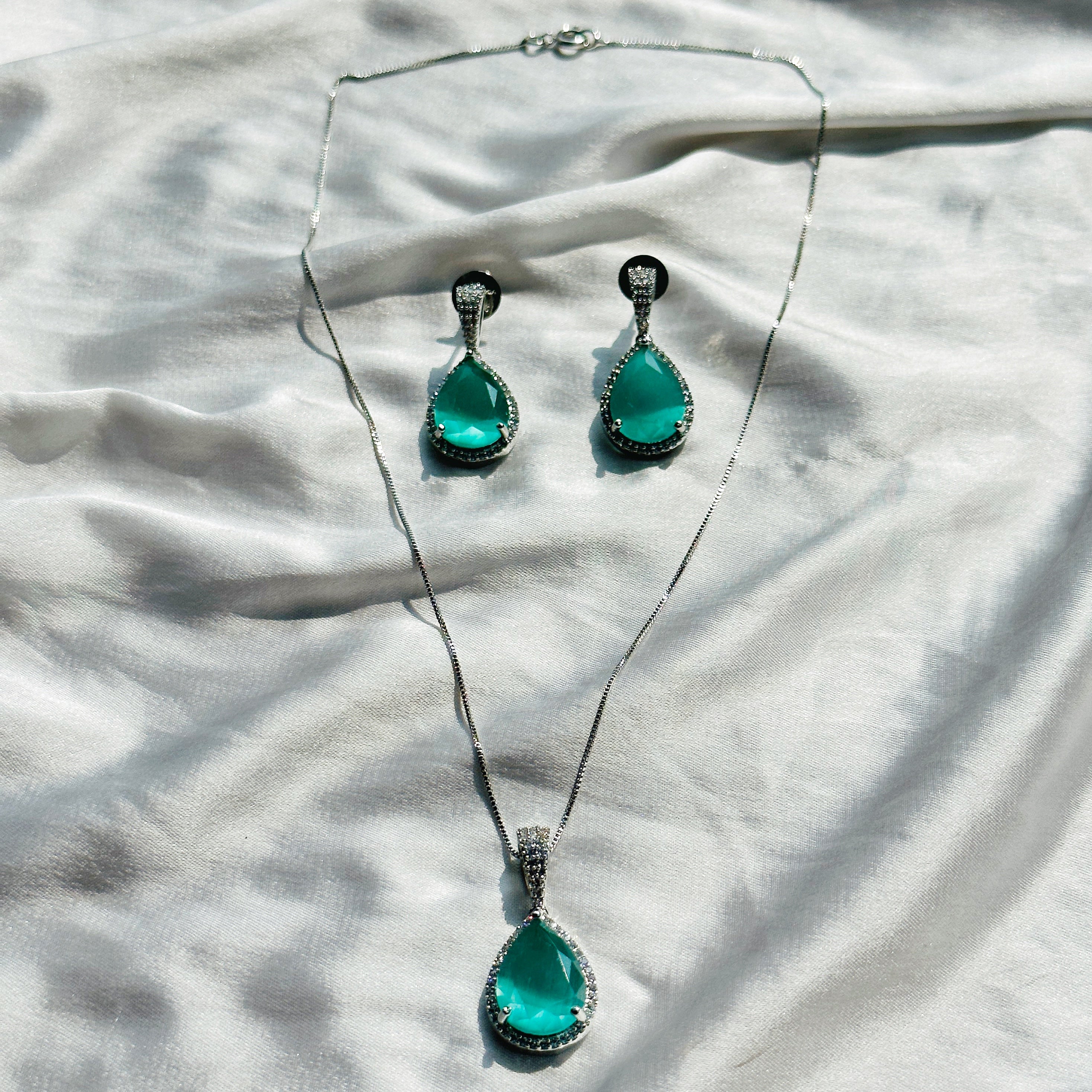 Mint Green Topaz Cubic Zircon American Diamond Silver Plated Pendant Set