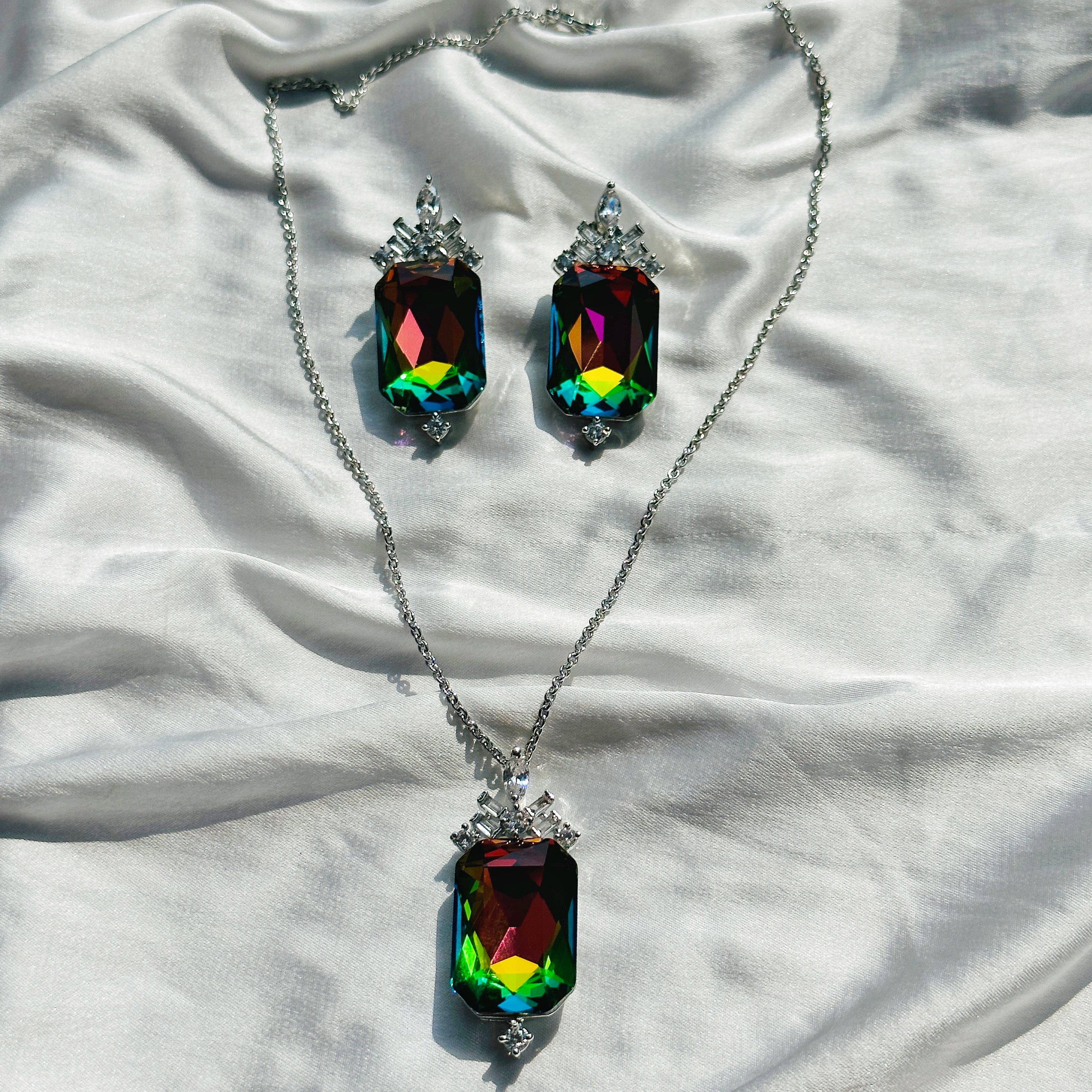 Multi-Color Vitrail Medium Swarovski Crystal Silver Plated Pendant Set