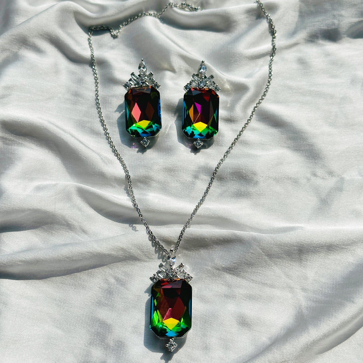 Multi-Color Vitrail Medium Swarovski Crystal Silver Plated Pendant Set