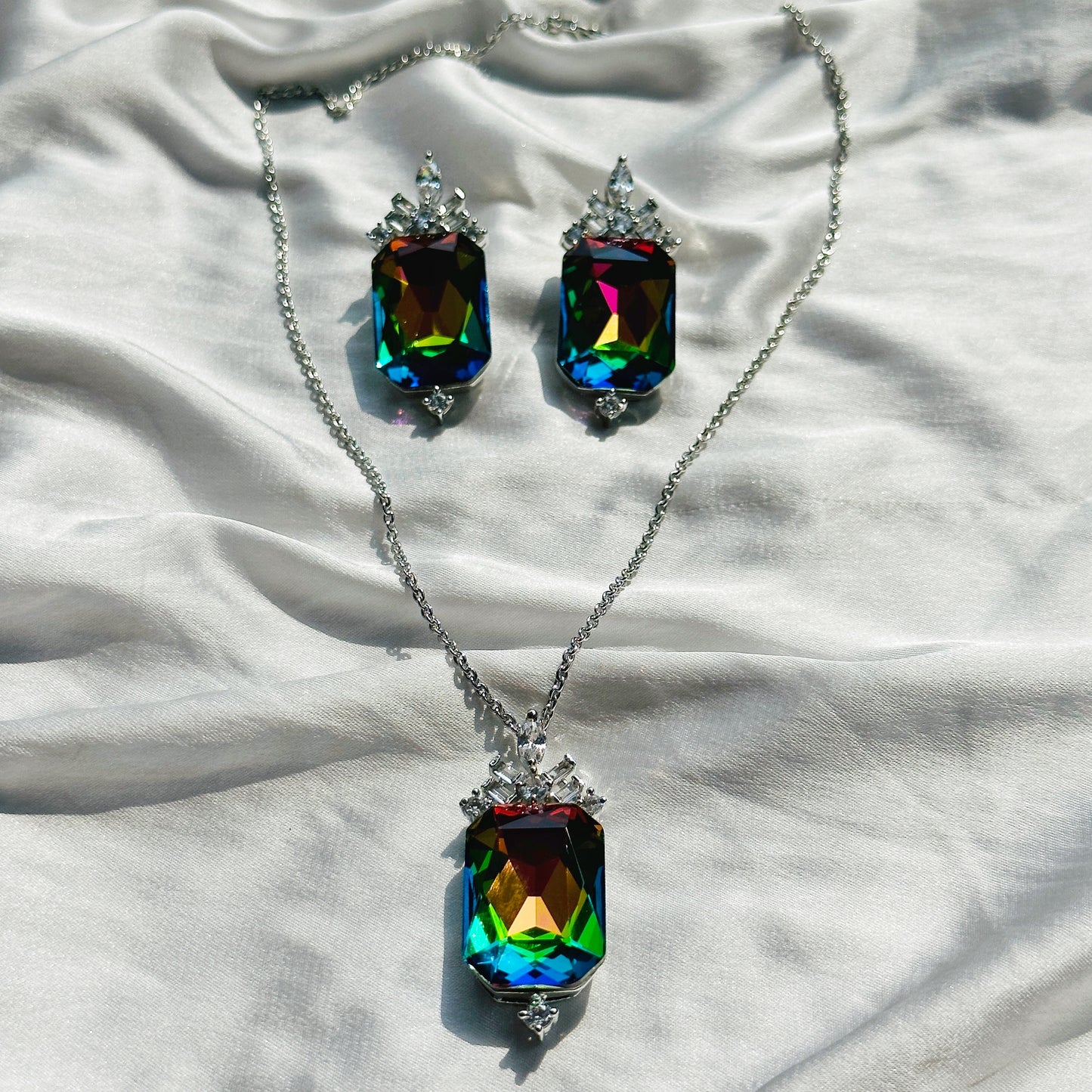 Multi-Color Vitrail Medium Swarovski Crystal Silver Plated Pendant Set