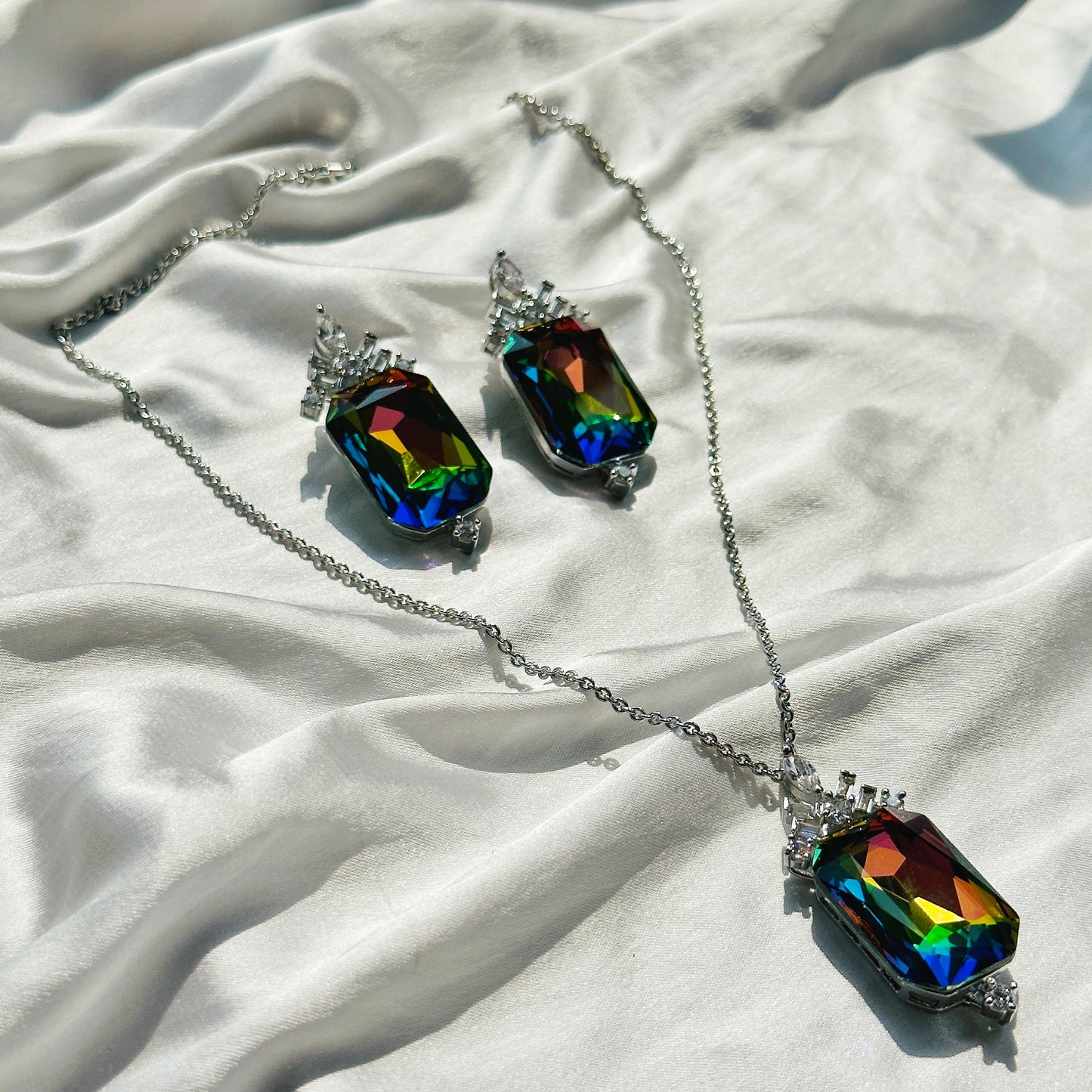 Multi-Color Vitrail Medium Swarovski Crystal Silver Plated Pendant Set