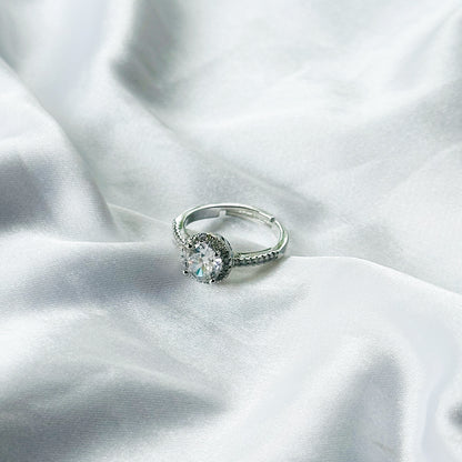 Solitaire Cubic Zircon Crushed Ice Cut Stone American Diamond Silver Plated Adjustable Ring