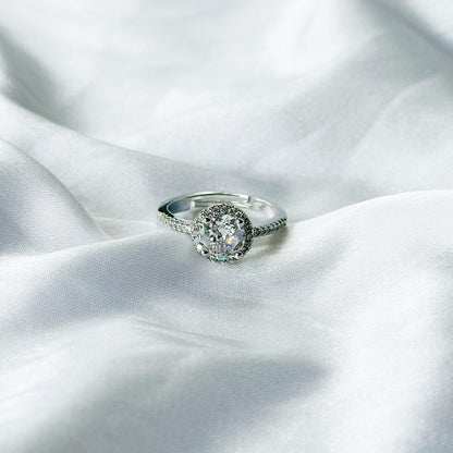 Solitaire Cubic Zircon Crushed Ice Cut Stone American Diamond Silver Plated Adjustable Ring