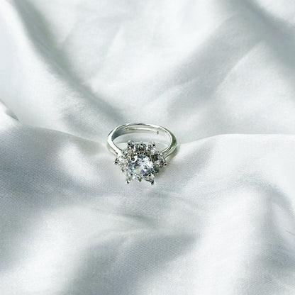 Solitaire Cubic Zircon Crushed Ice Cut Stone American Diamond Silver Plated Adjustable Ring