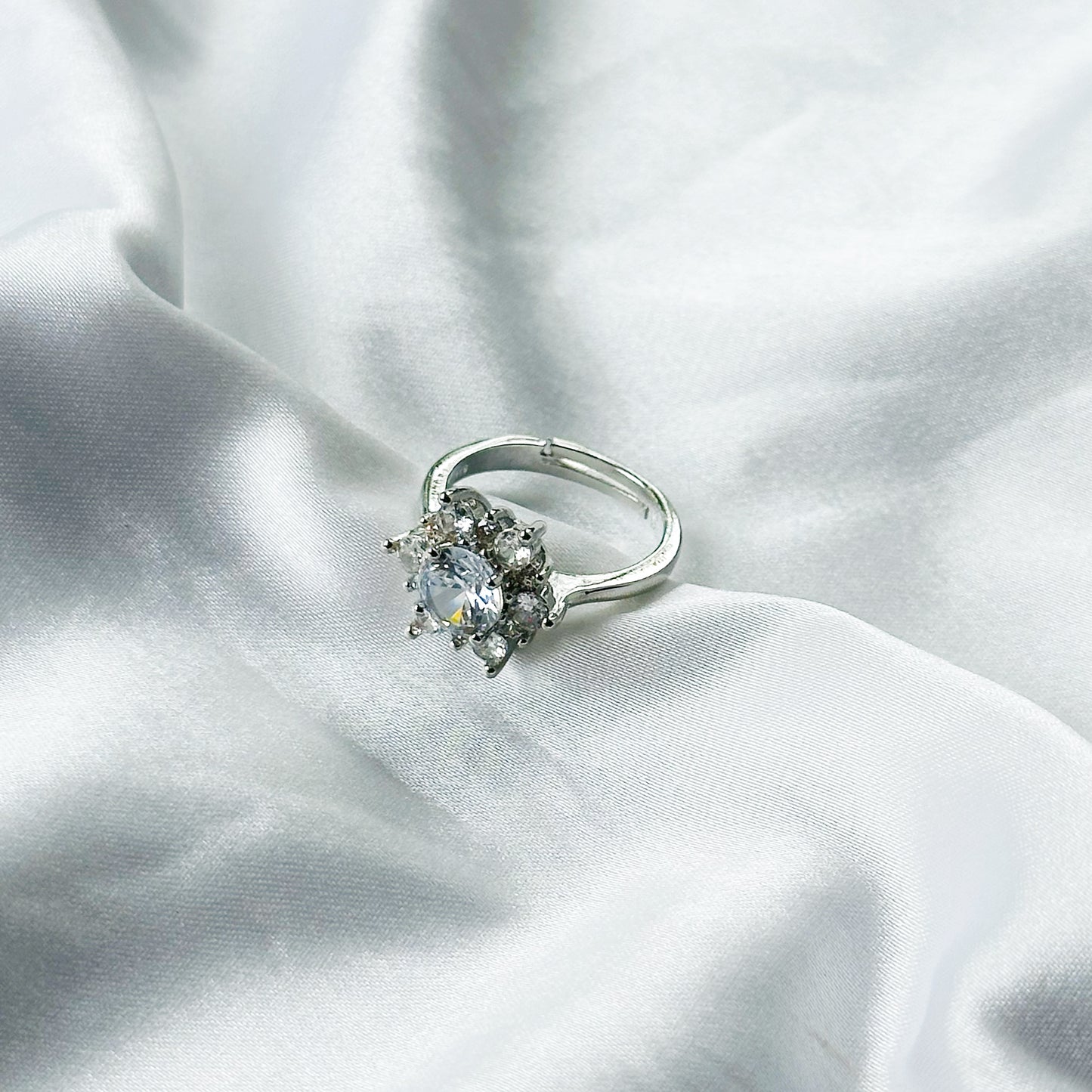 Solitaire Cubic Zircon Crushed Ice Cut Stone American Diamond Silver Plated Adjustable Ring