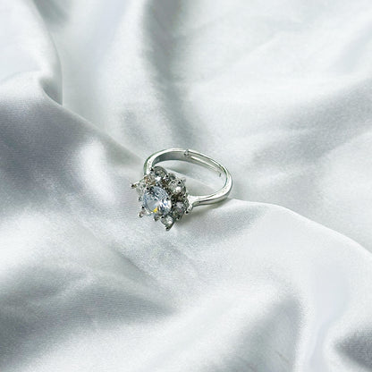 Solitaire Cubic Zircon Crushed Ice Cut Stone American Diamond Silver Plated Adjustable Ring