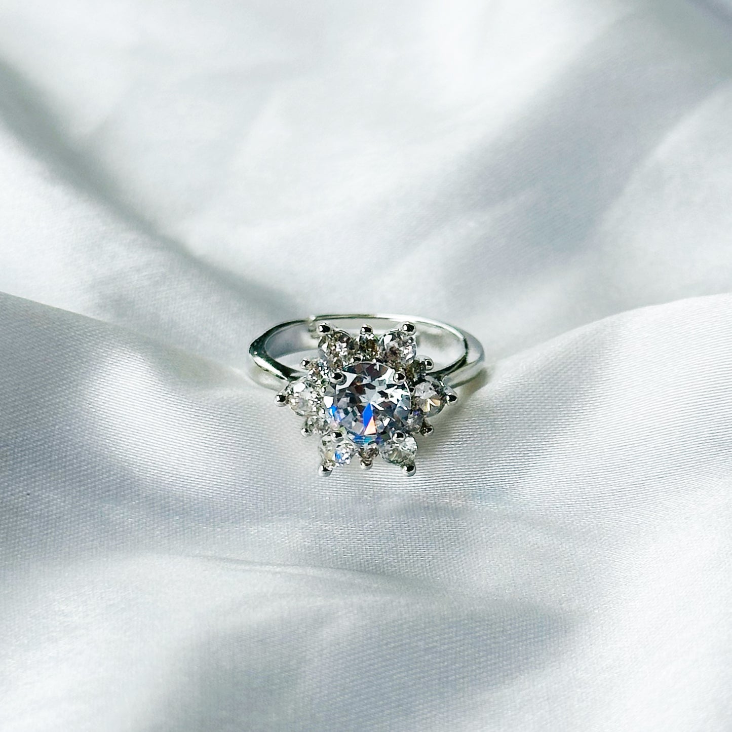 Solitaire Cubic Zircon Crushed Ice Cut Stone American Diamond Silver Plated Adjustable Ring