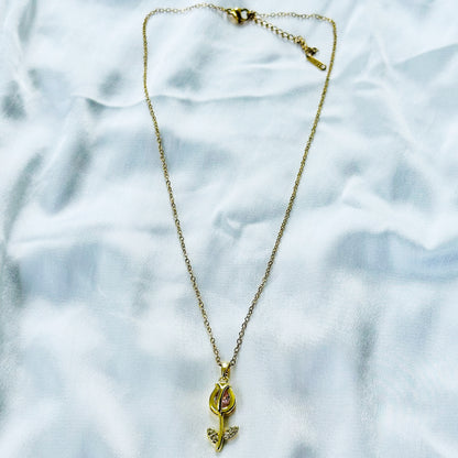 Pink Topaz Cubic Zirconia Tulip Design American Diamond Gold Plated Stainless Steel Necklace