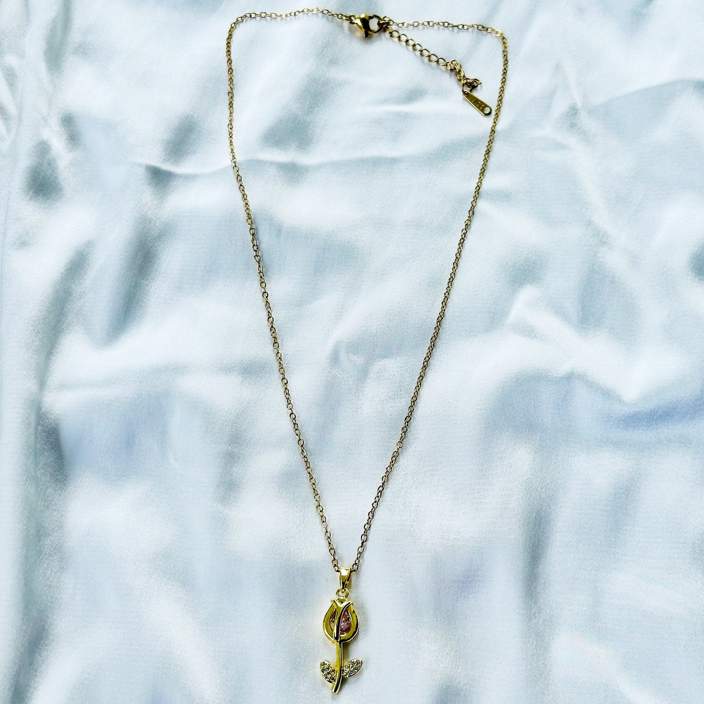 Pink Topaz Cubic Zirconia Tulip Design American Diamond Gold Plated Stainless Steel Necklace
